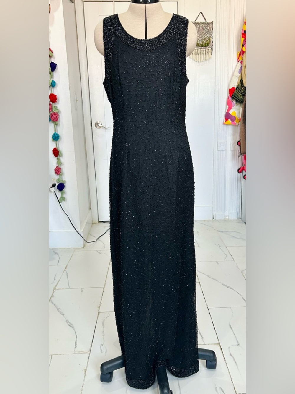 Vintage Black Beaded Silk Evening Dress